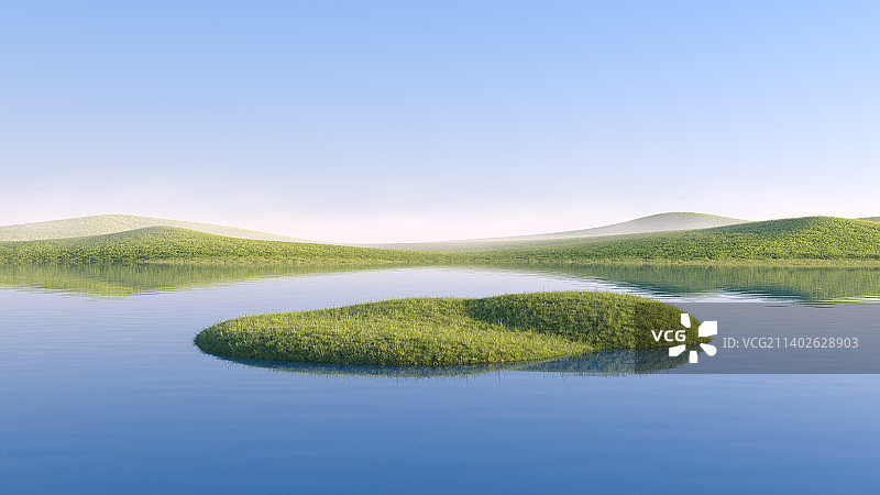 三维渲染的抽象草原湖泊地形图片素材