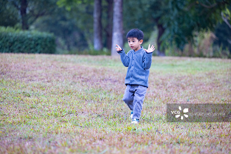一个小男孩在草地上挥舞手臂图片素材