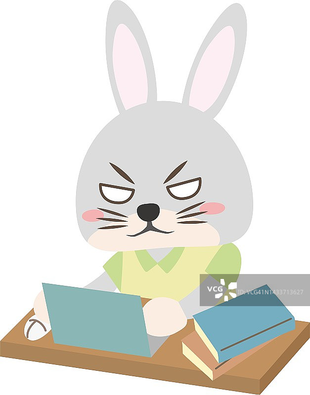 一只兔子一邊對著桌子生氣一邊操作電腦的插圖/插圖材料(矢量插圖)圖片素材