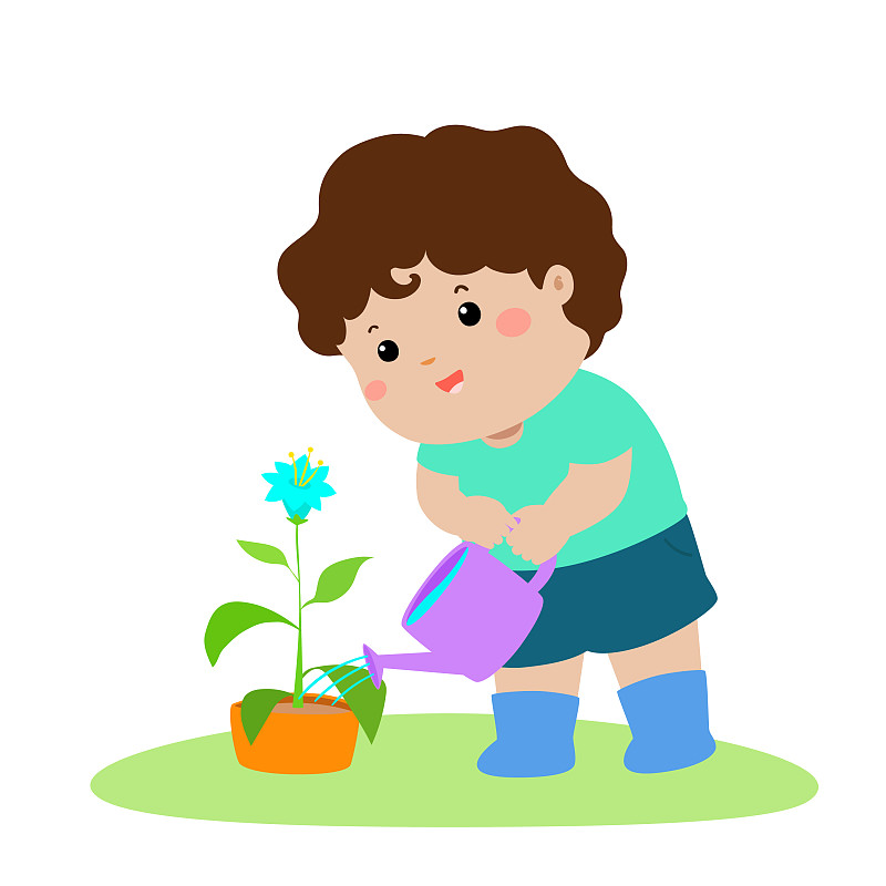 可爱的卡通女孩给植物浇水图片素材