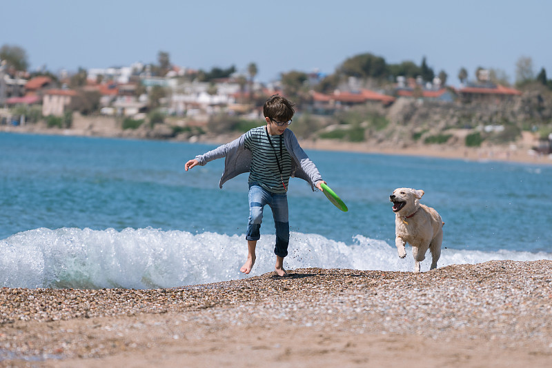 快樂的男孩和她的狗在沙灘上奔跑。圖片下載