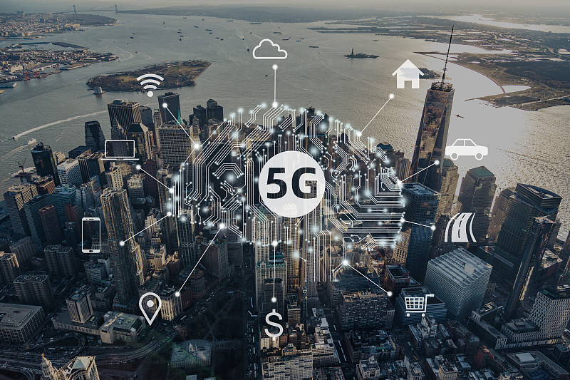 曼哈頓市中心鳥瞰圖和5G概念，紐約市圖片素材