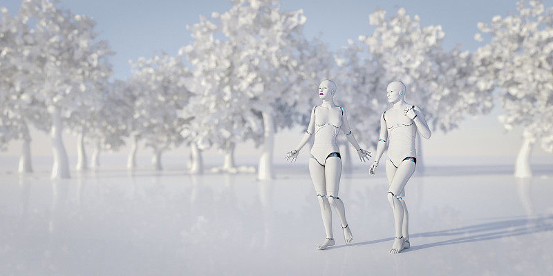 機器人亞當和夏娃在白色的伊甸園圖片素材