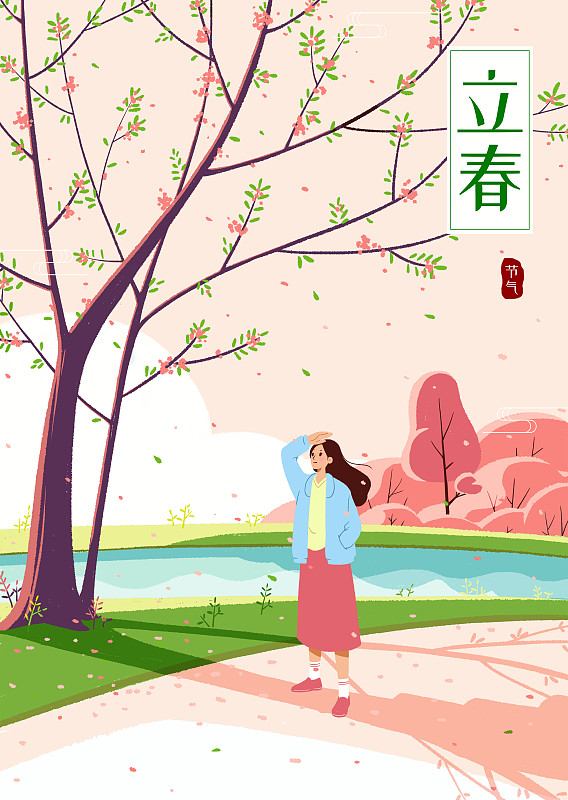 春天里一個女孩在開滿粉色花朵的田野里圖片素材