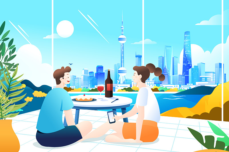 夏季出游情侶度假約會下午茶上海外灘風景建筑背景矢量插畫圖片