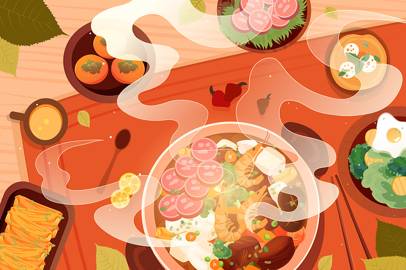 卡通美食健康火鍋養生秋季時令食物周年慶購物電商活動矢量插畫圖片