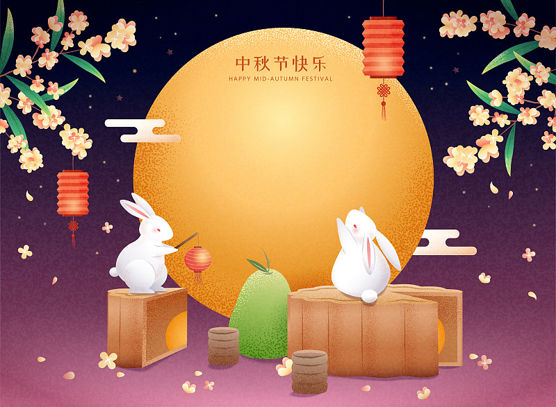 巨大月餅上的賞月玉兔插畫圖片