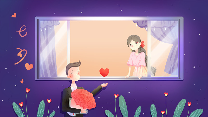 少年在窗外拿著玫瑰花束，把愛心送給窗內少女，唯美浪漫七夕插畫下載