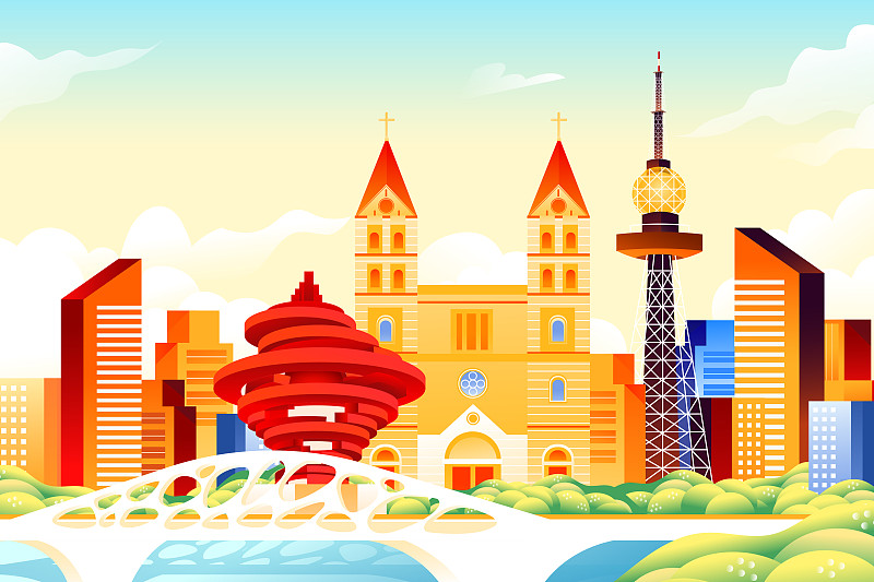 卡通中国山东青岛城市建筑风景旅游旅行出游标志性地标矢量插画下载