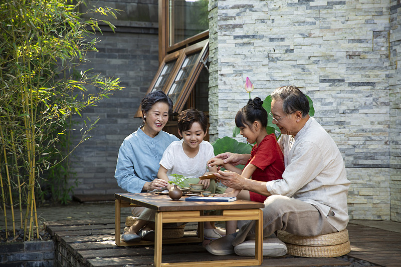爺爺、奶奶教孫女、孫子兩個孩子在庭院學習中國茶道圖片下載