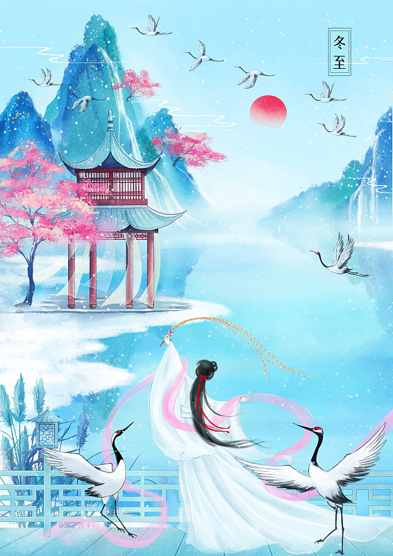 山中湖泊上與鶴共舞的白衣女子圖片素材