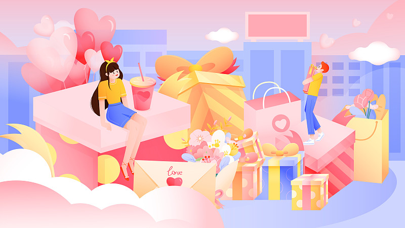 情侶情人節約會購物、禮物花朵氣球矢量插畫圖片