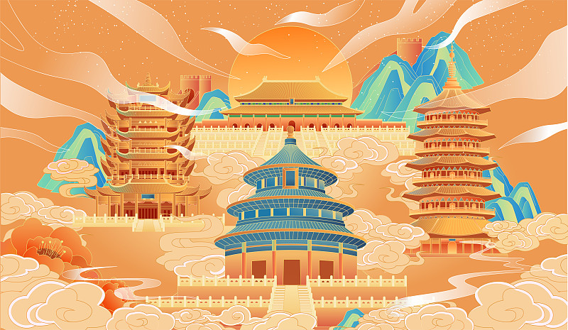 中國古建筑群插畫圖片