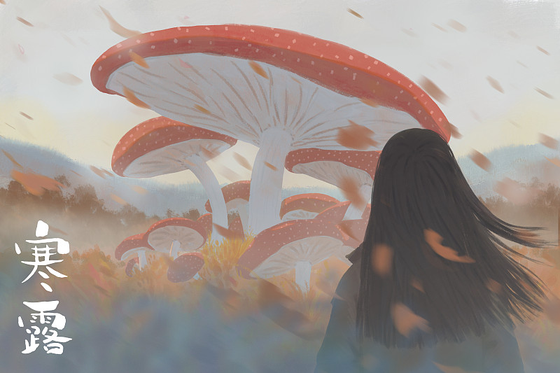 秋天的落葉巨型蘑菇和長發女孩圖片素材