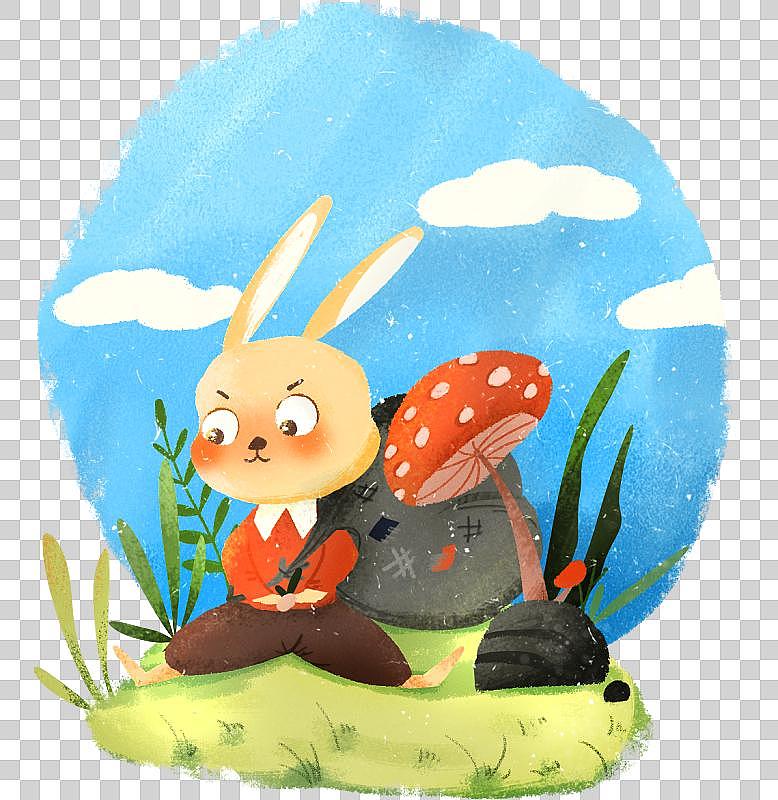 春天草地上的兔子背著行李圖片素材