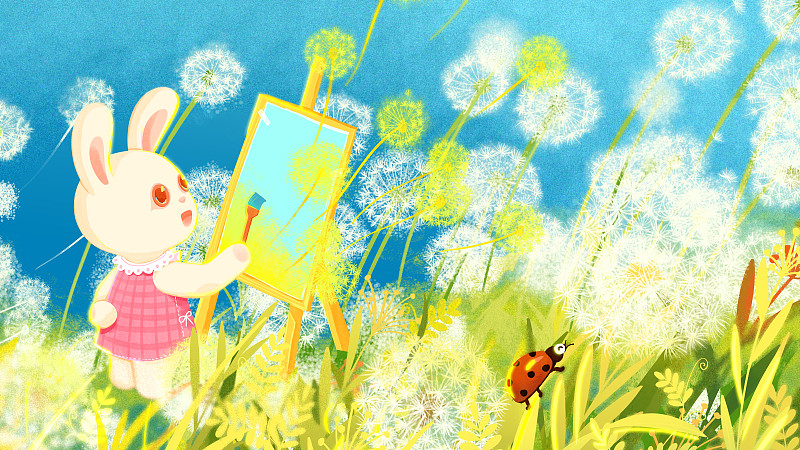 兔年九月風中蒲公英小兔子畫板系列插畫圖片
