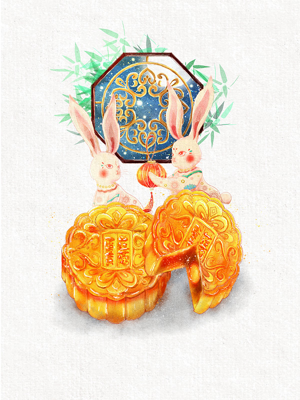 兔年中秋節月餅原創插畫圖片