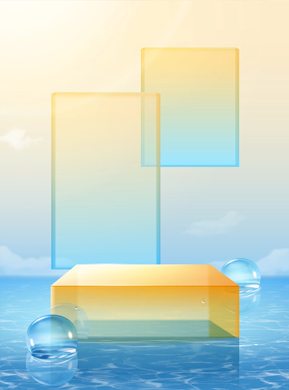 夏日清爽浅水池玻璃展台 浮空渐层玻璃背景图片下载