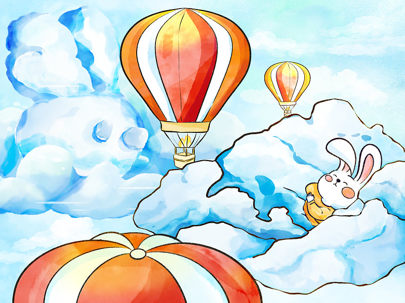 橫版兔子故事插畫1月躺在云朵上圖片