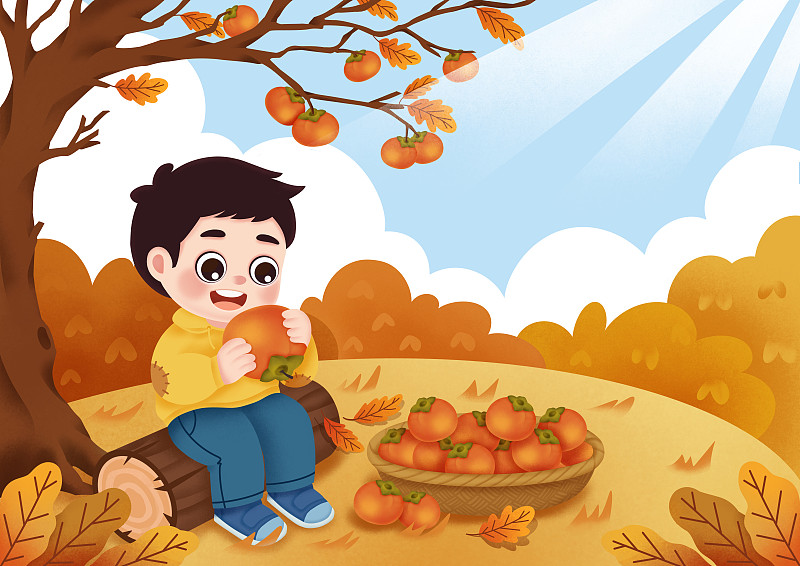 可愛的小男孩坐在公園里吃柿子，霜降，節氣，立秋圖片素材