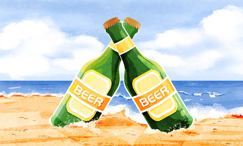 沙灘上的啤酒瓶夏季度假橫版插畫下載
