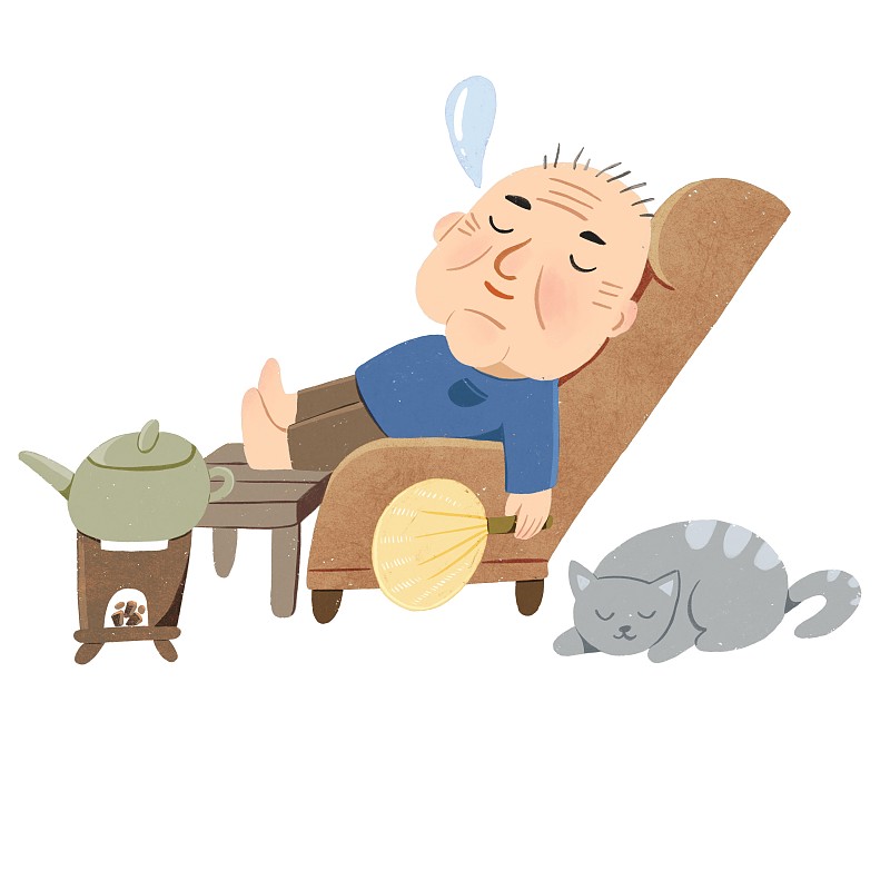 躺在沙发上午睡的老爷爷、茶壶和猫图片下载