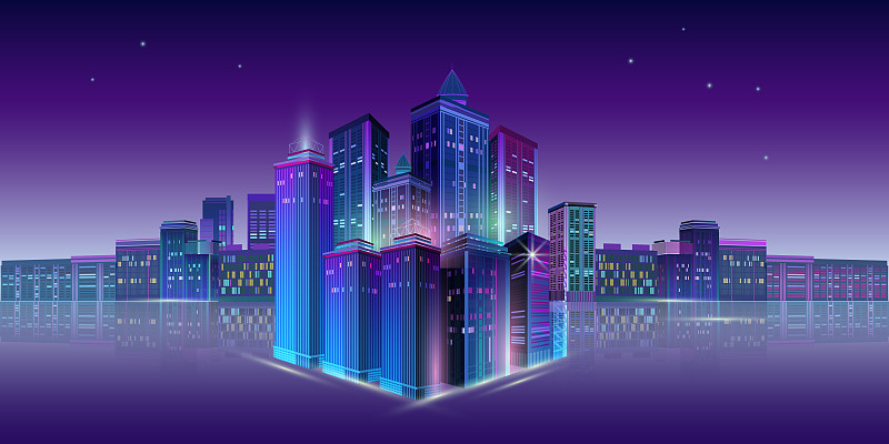 霓虹閃爍的城市夜景。矢量插圖。圖片素材