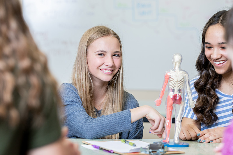 十幾歲的女學生在解剖課上學習人體知識圖片素材