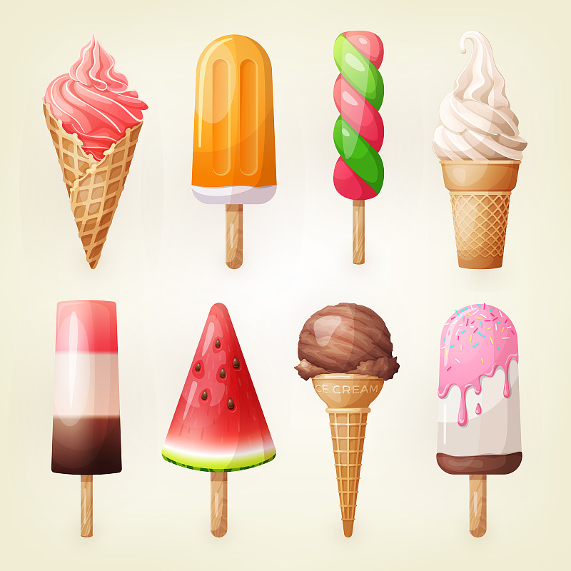 一套各种美味的冰淇淋包括冰棍冰，甜筒不同的浇头和水果冰。矢量插图的健康食品外卖，酒吧或餐厅菜单。卡通风格的图标。图片下载