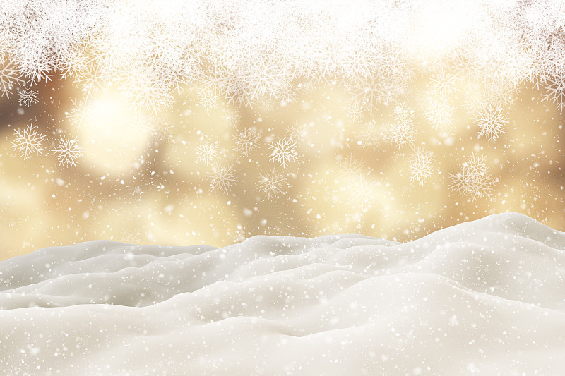 3D圣诞背景与雪在黄金雪花设计图片下载