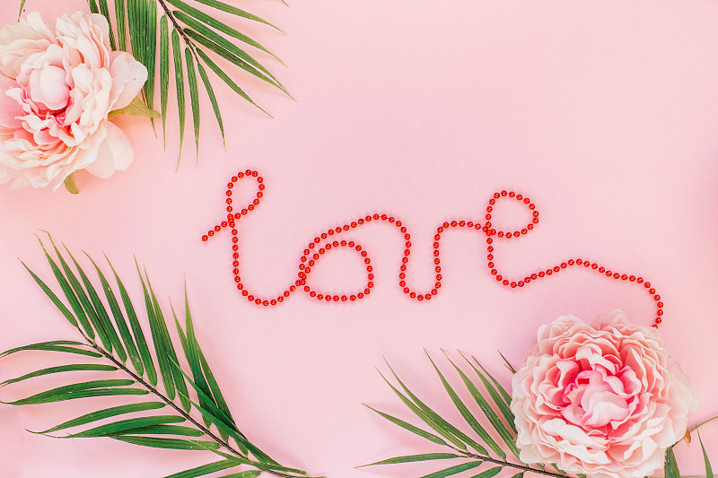 紅珠題字桃紅底，綠葉桃紅牡丹花。愛情和情人節的概念。為生日、母親節設計賀卡圖片下載