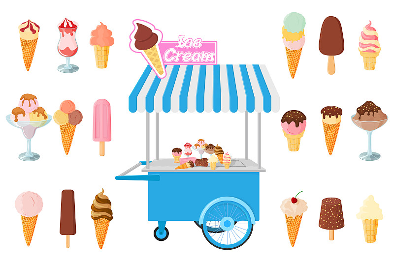 一套冰淇淋。不同種類的冰淇淋和一輛存放冰淇淋的小推車。矢量插圖。插畫圖片