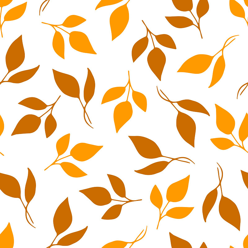 簡單的花矢量無縫圖案。干燥的橙色，棕色的葉子，樹枝和小枝在白色的背景上。用于織物印花、紡織品。夏天秋天收集。插畫圖片