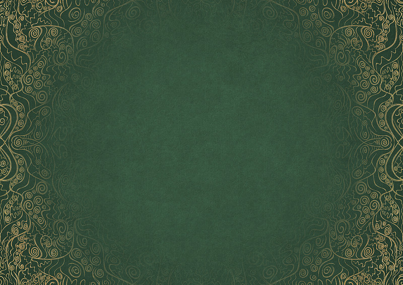 溫暖的綠色紋理紙與金色的手繪圖案。副本的空間。數字藝術作品,A4。(模式:p06a)插畫圖片