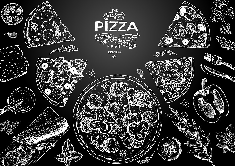 意大利披薩和配料頂視圖框架。意大利菜菜單設計模板。復古手繪草圖，矢量插圖。雕刻風格的插圖。菜單上的披薩標簽。插畫圖片