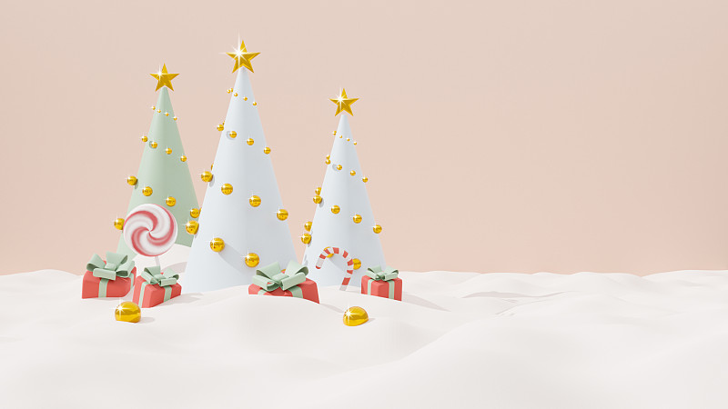 圣诞快乐和新年快乐的圣诞树和礼盒上的雪花，色调柔和的背景。三维渲染图片下载