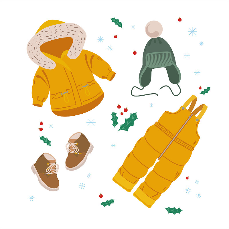 收集兒童冬裝和外套孤立在一個光背景概念卡通插畫圖片