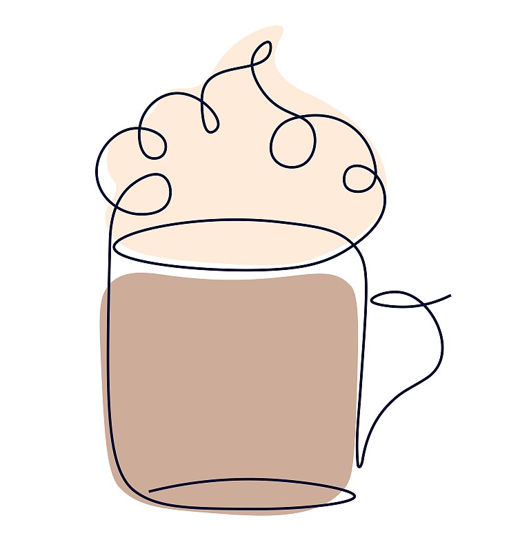 一杯咖啡或茶排成一列。單線卡布奇諾。熱飲。鮮奶油。簡單的極簡色彩繪畫?，F代孤立向量插圖。插畫圖片