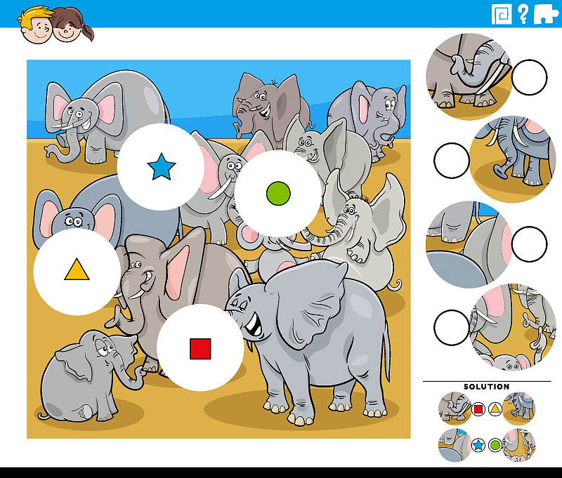 與卡通大象動物配對任務插畫圖片