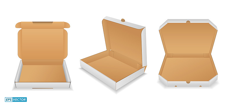 套逼真的披薩盒包裝孤立。每股收益向量插畫圖片