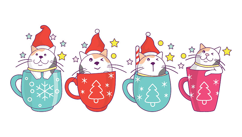 收集可愛的貓在圣誕飲料杯，咖啡或茶涂鴉卡通風格。插畫圖片