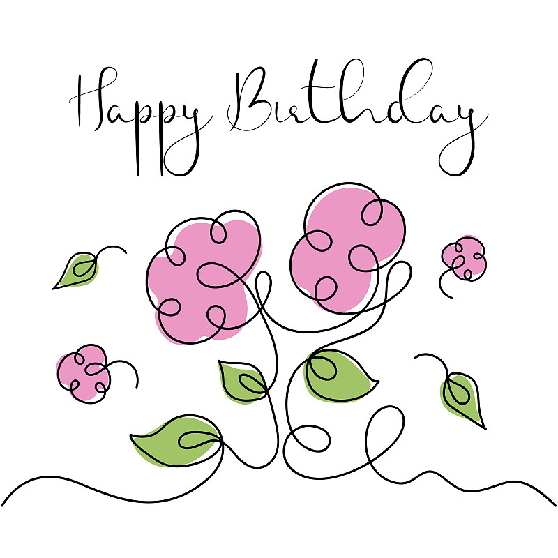生日快樂一行藝術賀卡。用花朵和樹葉畫的連續的一條線。簡約的矢量圖插畫圖片