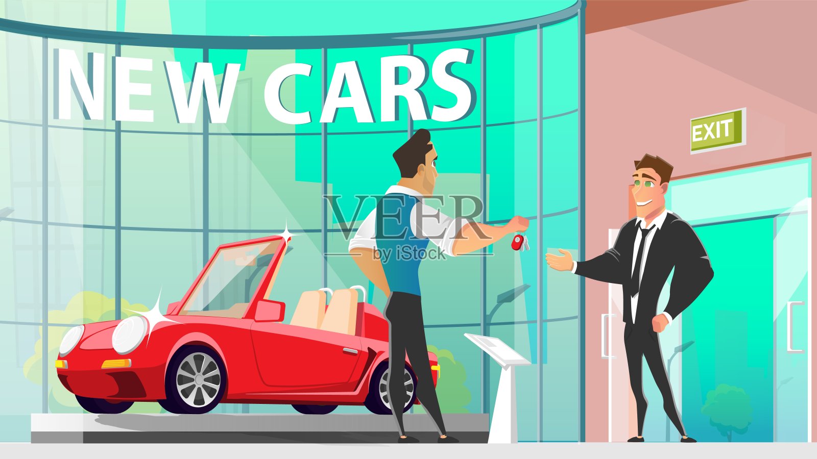 购买汽车在汽车经销商中心卡通向量插画图片素材