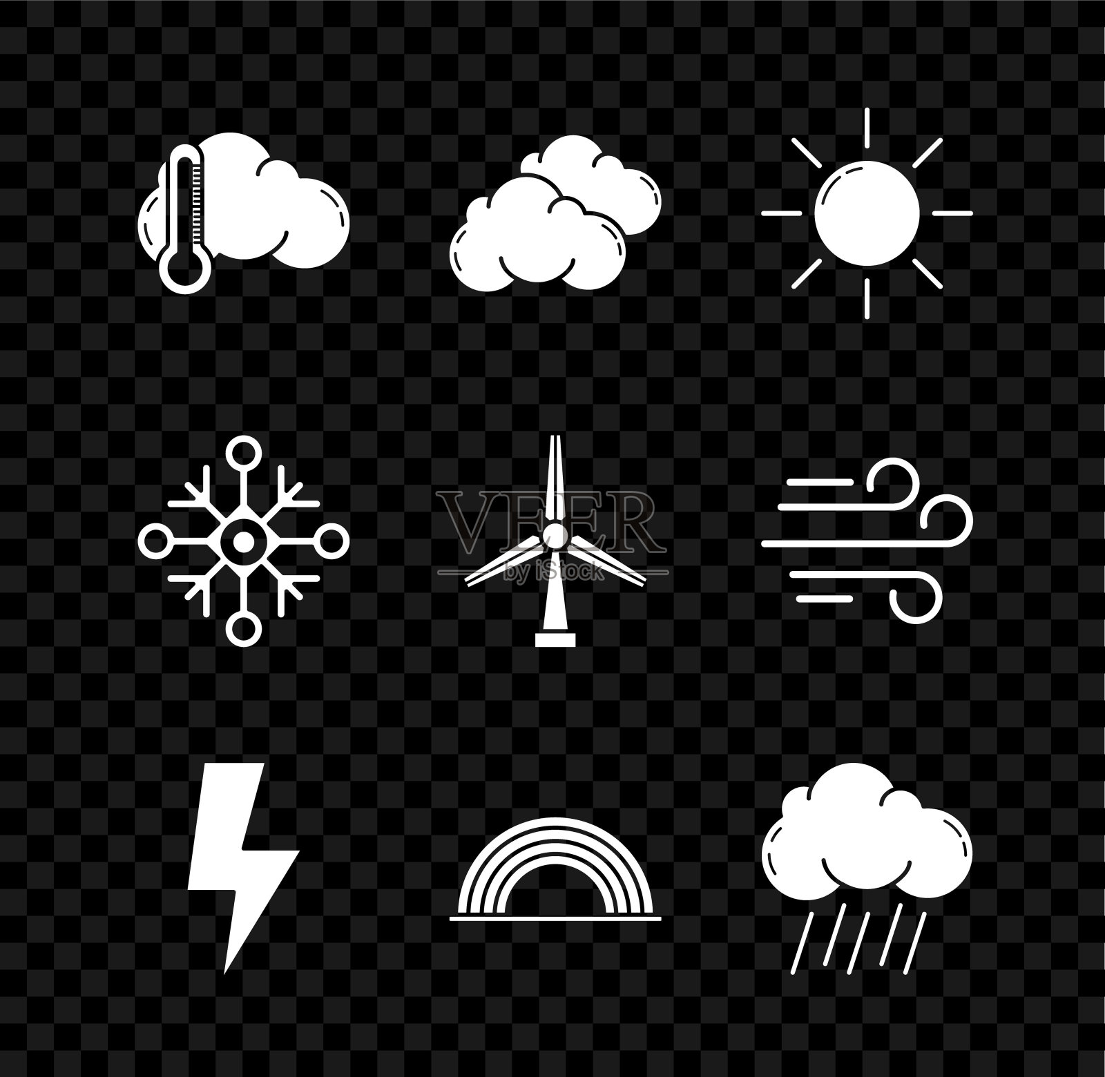 设置温度计和云，云，太阳，闪电闪电，彩虹与云，雨，雪花和风力涡轮机图标。向量图标素材