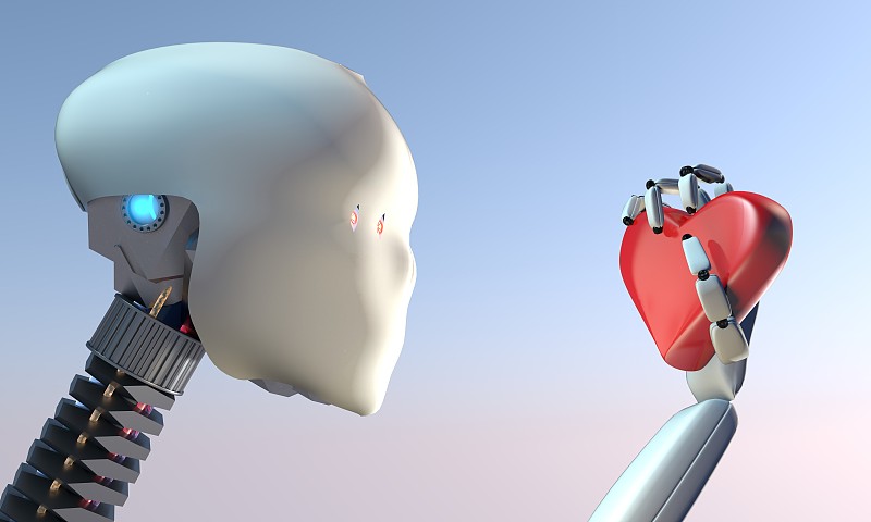 機器人持有和看紅心的3D插圖圖片素材