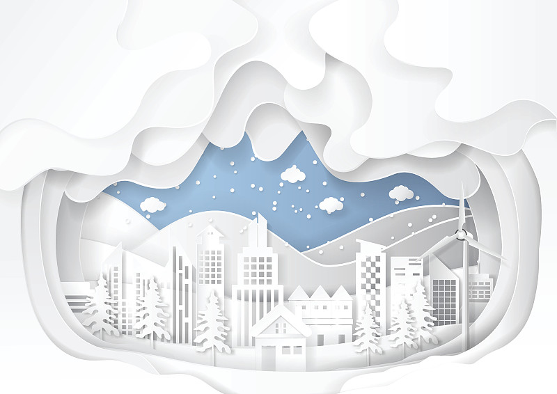 城市城市景觀上的雪冬天的背景。圖片素材