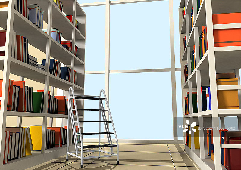 梯子在图书馆图片素材