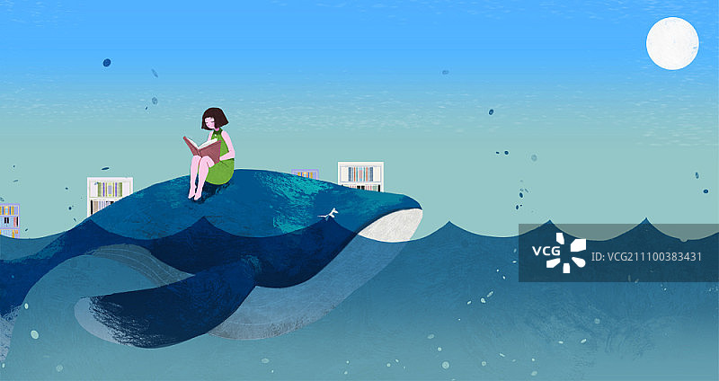 女孩在鲸鱼上航行海洋读书图片素材
