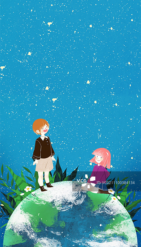 两个女孩在地球上，带着植物和花图片素材