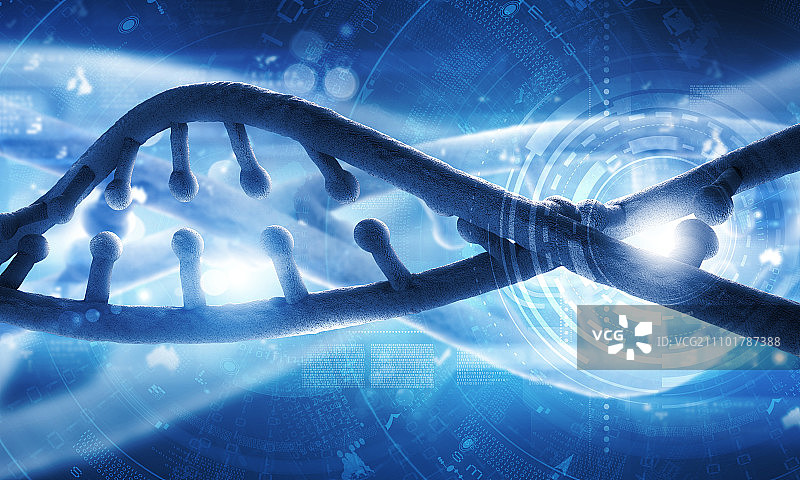 Dna分子。生物化学概念与数字蓝色DNA分子图片素材